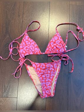 J.Crew Playa small Triangle String Bikini Set in Red and Purple Leopard swim